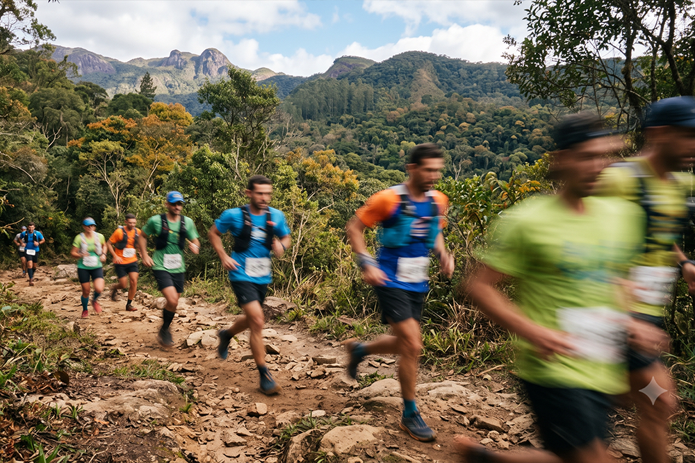 Atleta correndo em trilha de montanha